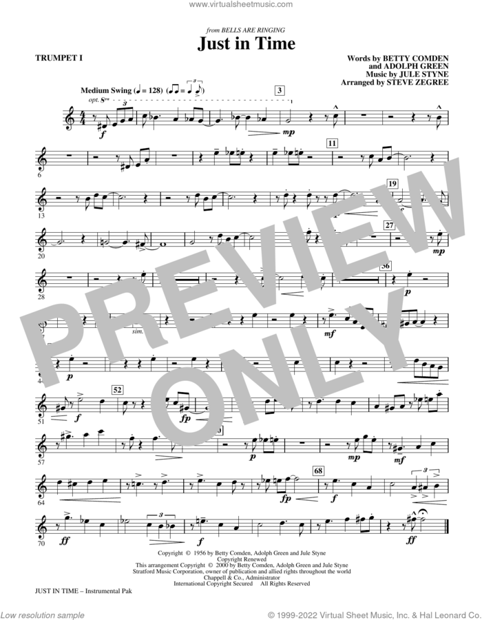 Just In Time (from Bells Are Ringing) (arr. Steve Zegree) (complete set of parts) sheet music for orchestra/band by Jule Styne, Adolph Green, Betty Comden, Betty Comden, Adolph Green & Jule Styne and Steve Zegree, intermediate skill level