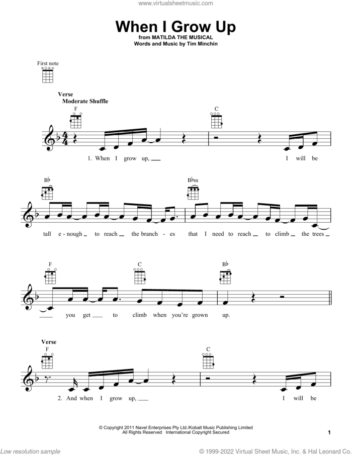 When I Grow Up (from Matilda The Musical) sheet music for ukulele by Tim Minchin, intermediate skill level