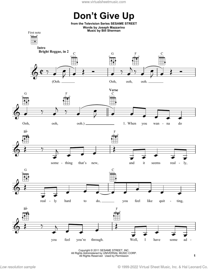 Don't Give Up (from Sesame Street) sheet music for ukulele by Bruno Mars, Bill Sherman and Joseph Mazzarino, intermediate skill level