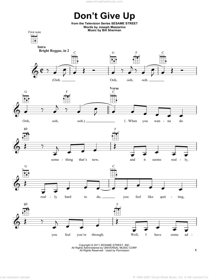 Don't Give Up (from Sesame Street) sheet music for ukulele by Bruno Mars, Bill Sherman and Joseph Mazzarino, intermediate skill level