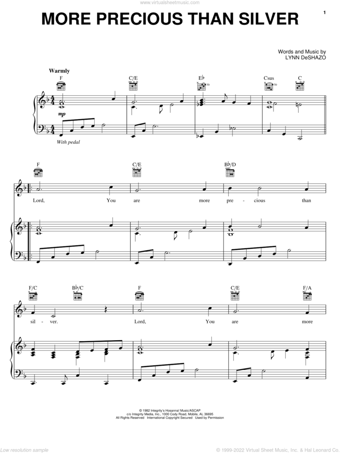 More Precious Than Silver sheet music for voice, piano or guitar by Lynn DeShazo, intermediate skill level