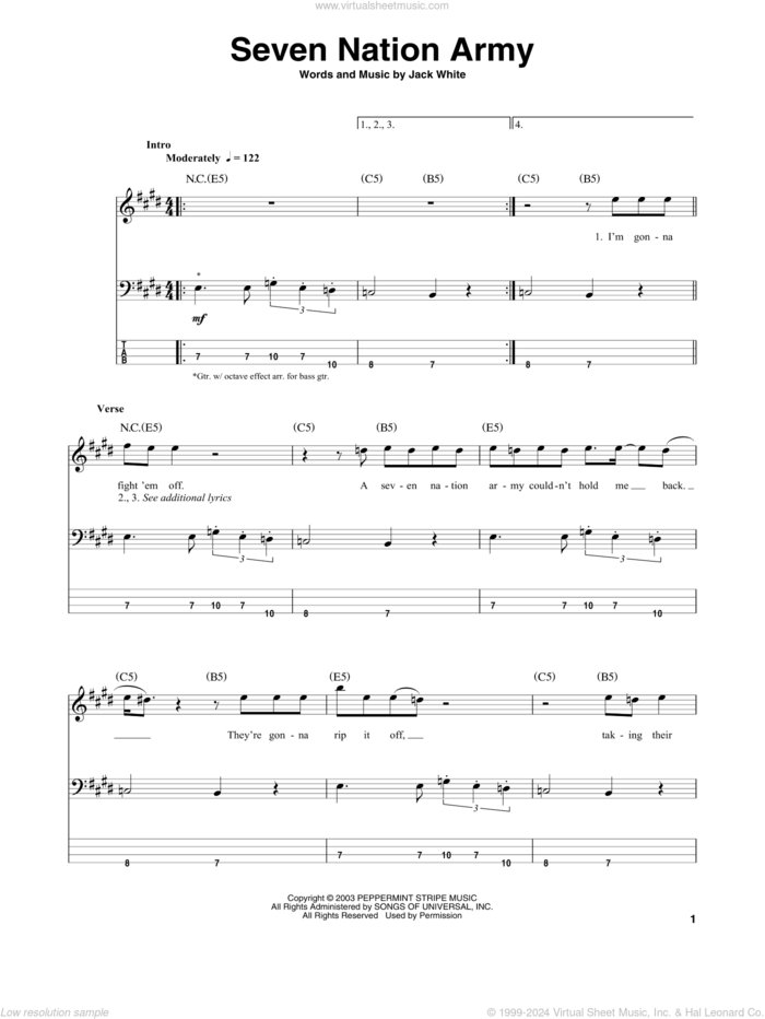 Seven Nation Army sheet music for bass (tablature) (bass guitar) by White Stripes and Jack White, intermediate skill level