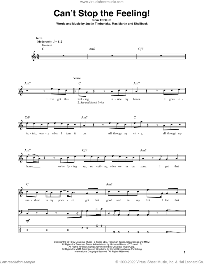 Can't Stop The Feeling! (from Trolls) sheet music for bass (tablature) (bass guitar) by Justin Timberlake, Johan Schuster, Max Martin and Shellback, intermediate skill level