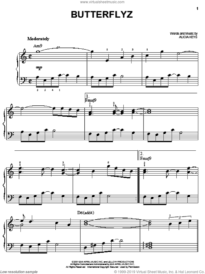Butterflyz sheet music for piano solo by Alicia Keys, easy skill level