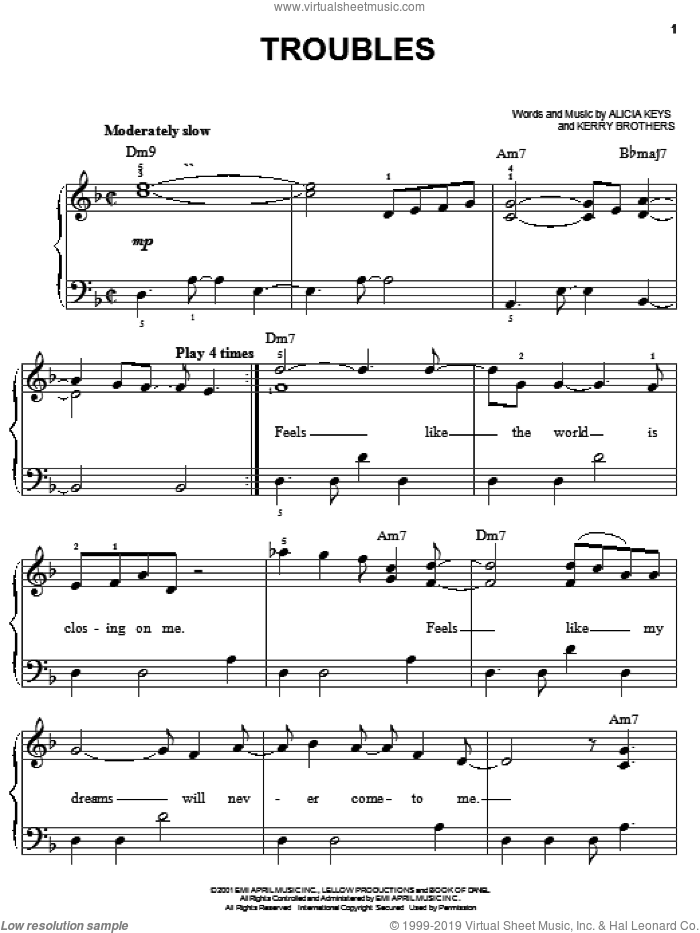 Troubles sheet music for piano solo by Alicia Keys and Kerry Brothers, easy skill level