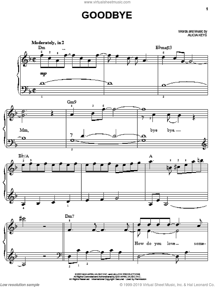 Goodbye sheet music for piano solo by Alicia Keys, easy skill level