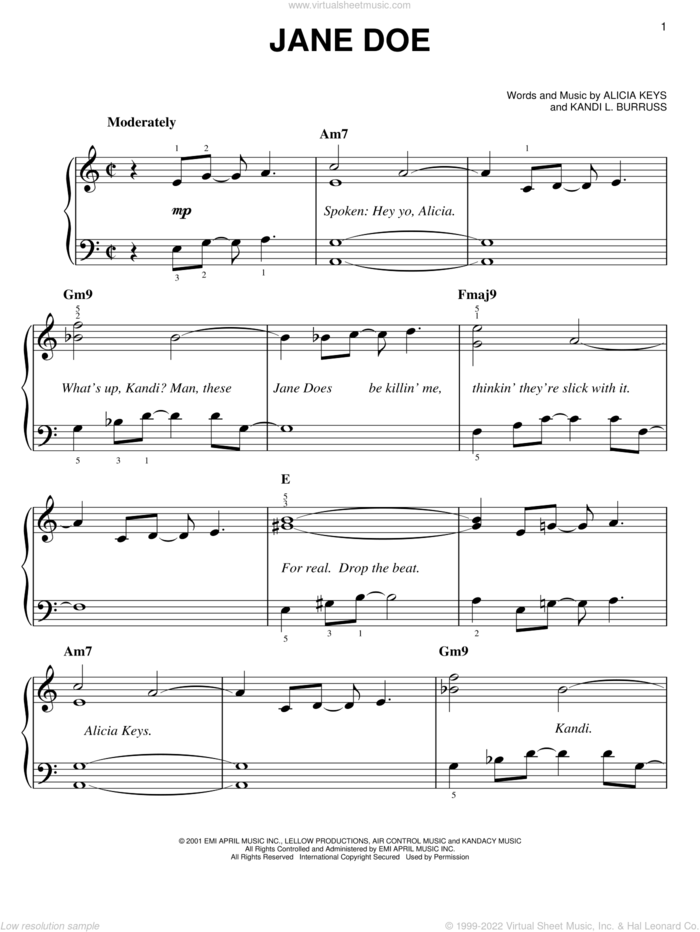 Jane Doe sheet music for piano solo by Alicia Keys and Kandi L. Burruss, easy skill level