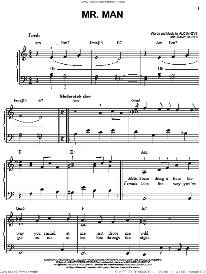 Mr. Man sheet music for piano solo by Alicia Keys and Jimmy Cozier, easy skill level