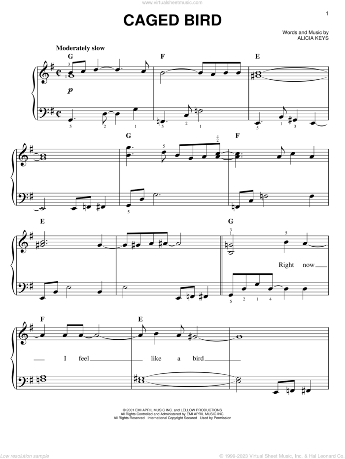 Caged Bird sheet music for piano solo by Alicia Keys, easy skill level