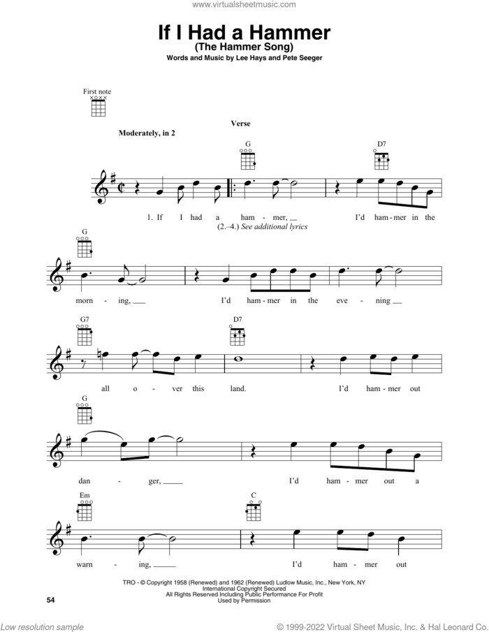 If I Had A Hammer (The Hammer Song) sheet music for baritone ukulele solo by Peter, Paul & Mary, Lee Hays and Pete Seeger, intermediate skill level