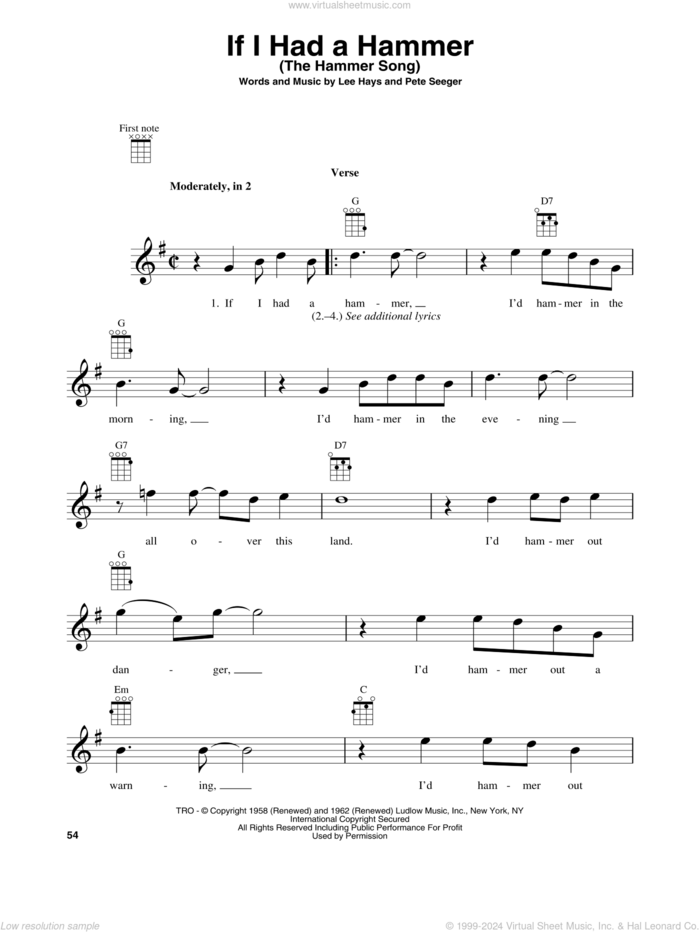 If I Had A Hammer (The Hammer Song) sheet music for baritone ukulele solo by Peter, Paul & Mary, Lee Hays and Pete Seeger, intermediate skill level