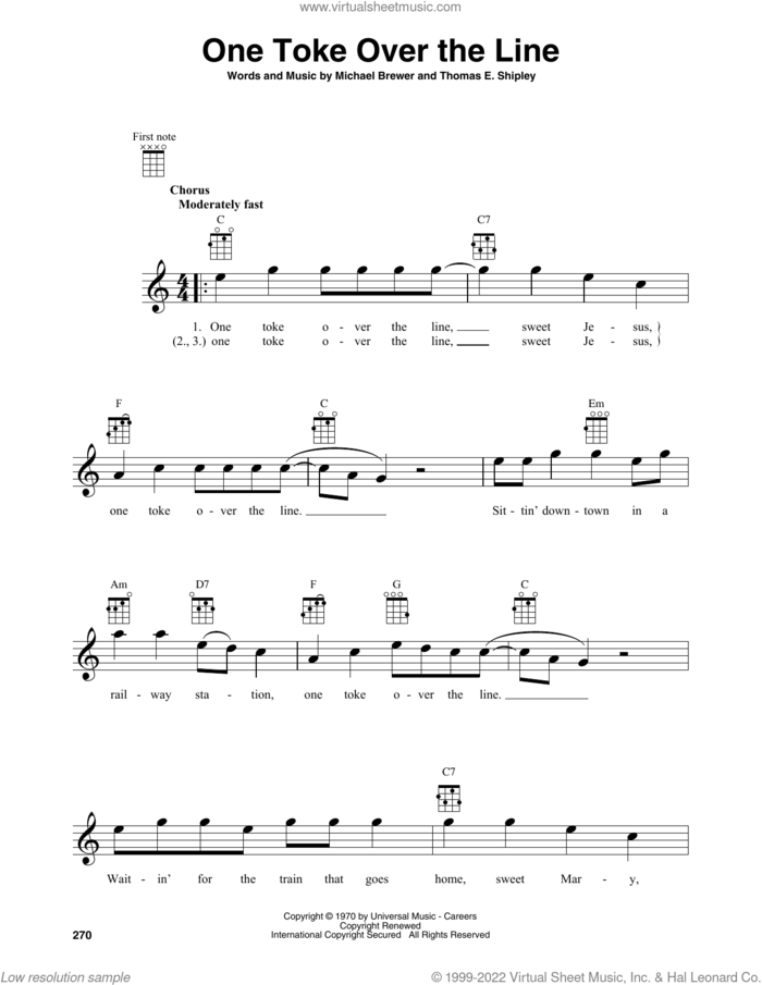 One Toke Over The Line sheet music for baritone ukulele solo by Brewer & Shipley, Michael Brewer and Thomas E. Shipley, intermediate skill level