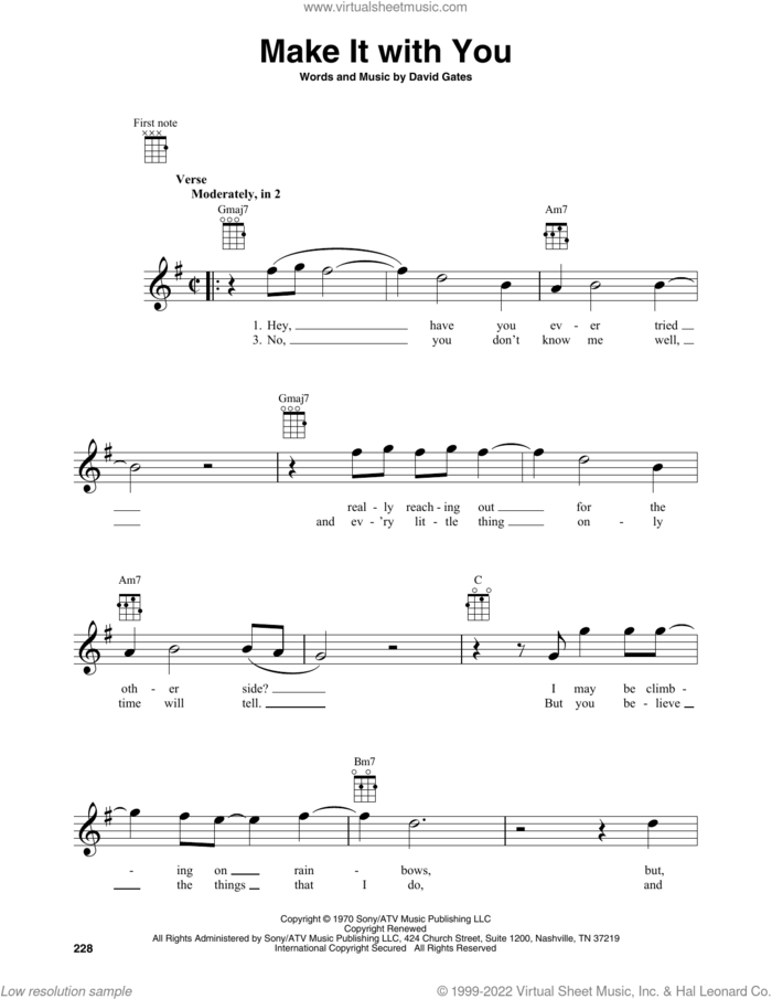 Make It With You sheet music for baritone ukulele solo by Bread and David Gates, intermediate skill level