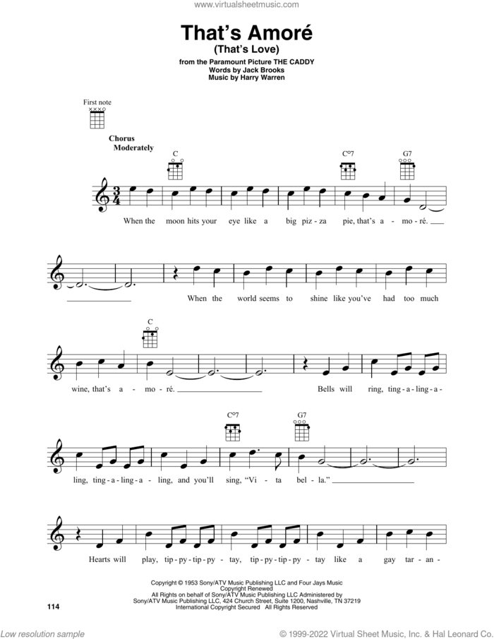 That's Amore (That's Love) sheet music for baritone ukulele solo by Dean Martin, Harry Warren and Jack Brooks, intermediate skill level