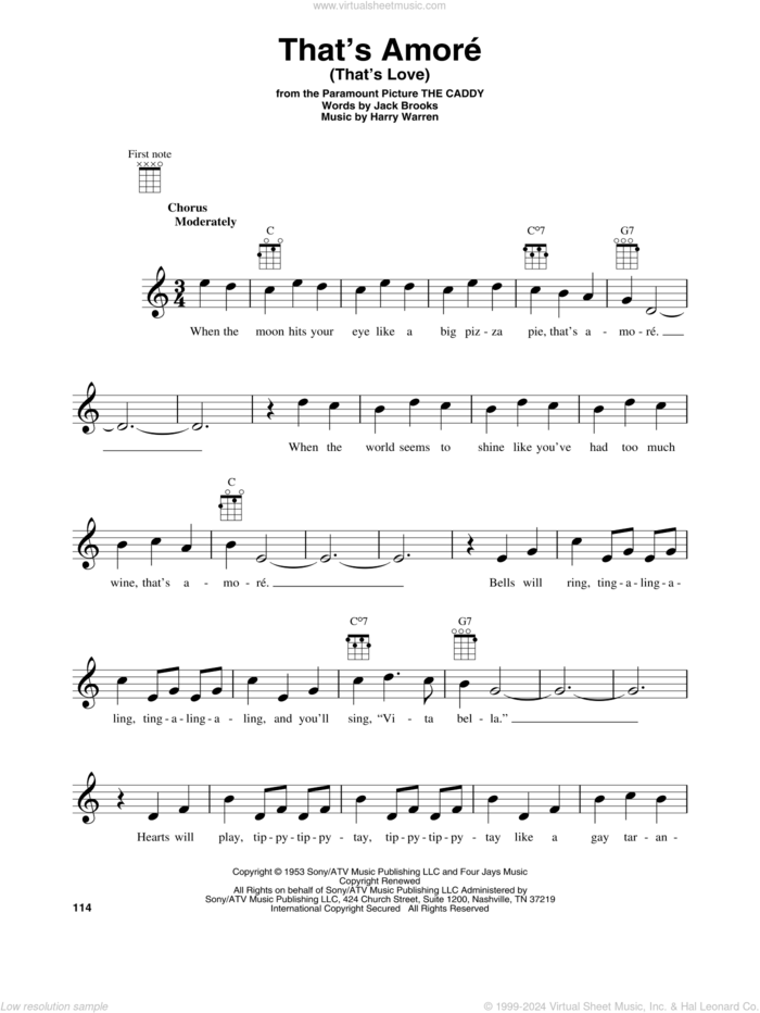 That's Amore (That's Love) sheet music for baritone ukulele solo by Dean Martin, Harry Warren and Jack Brooks, intermediate skill level