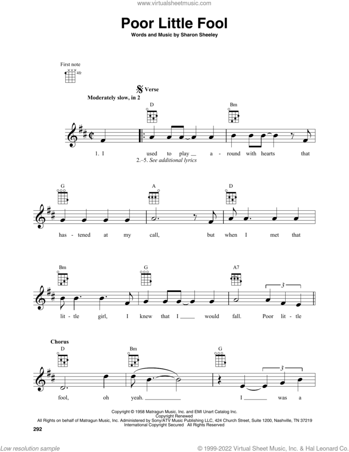 Poor Little Fool sheet music for baritone ukulele solo by Ricky Nelson and Sharon Sheeley, intermediate skill level