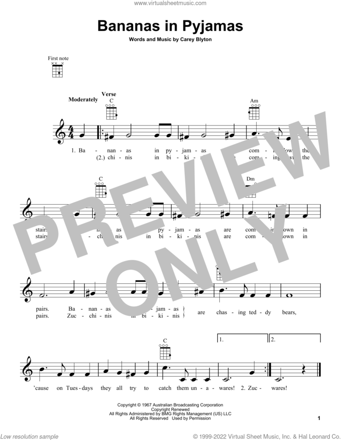 Bananas In Pyjamas sheet music for ukulele by Carey Blyton, intermediate skill level