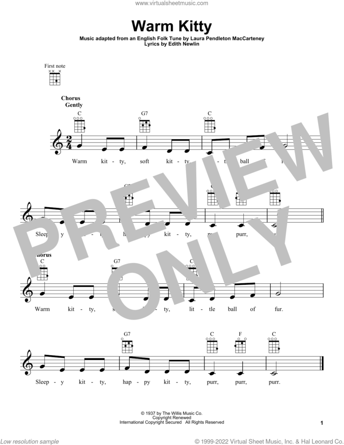 Warm Kitty sheet music for ukulele by Edith Newlin, English Folk Tune and Laura Pendleton MacCarteney, intermediate skill level