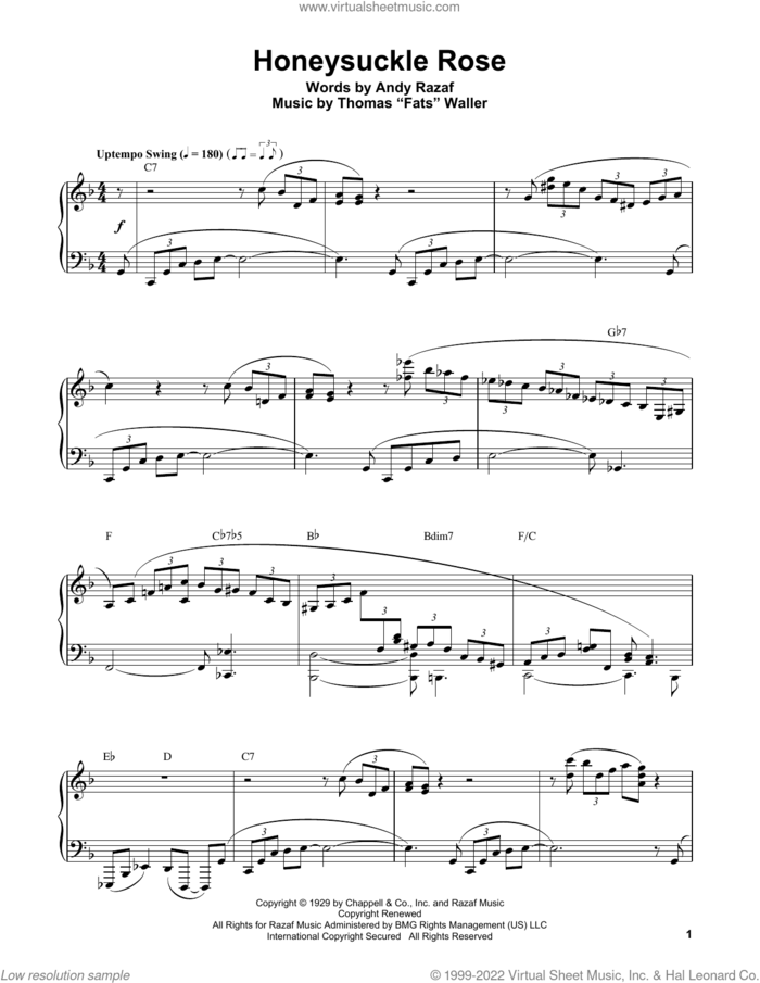 Honeysuckle Rose sheet music for piano solo (transcription) by Oscar Peterson, Andy Razaf and Thomas Waller, intermediate piano (transcription)