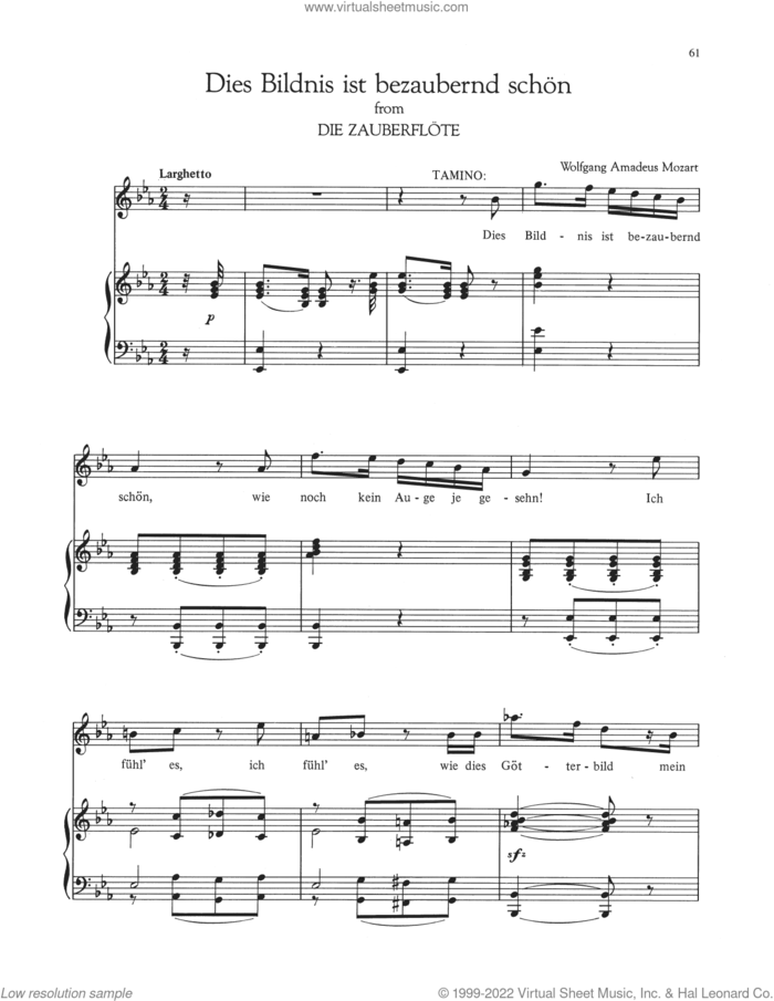 Dies Bildnis Ist Bezaubernd Schon sheet music for voice and piano (Tenor) by Wolfgang Amadeus Mozart and Robert L. Larsen, classical score, intermediate skill level