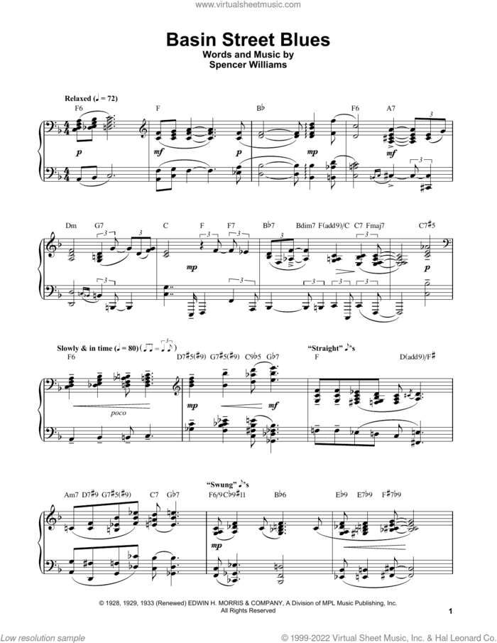 Basin Street Blues sheet music for piano solo (transcription) by Oscar Peterson and Spencer Williams, intermediate piano (transcription)