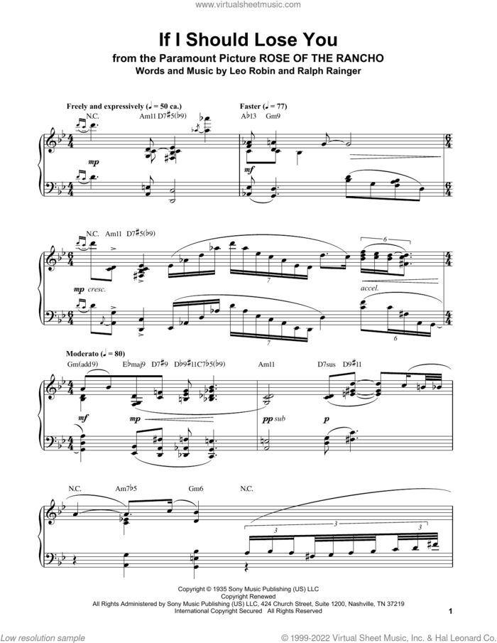 If I Should Lose You sheet music for piano solo (transcription) by Oscar Peterson, Leo Robin and Ralph Rainger, intermediate piano (transcription)