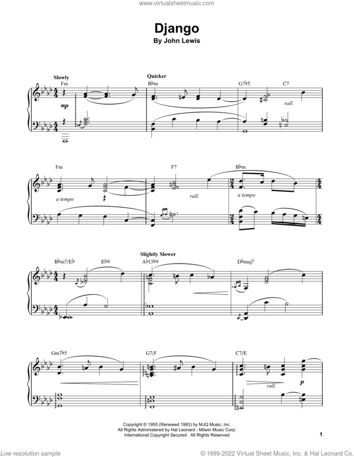 Django sheet music for piano solo (transcription) by Oscar Peterson and John Lewis, intermediate piano (transcription)