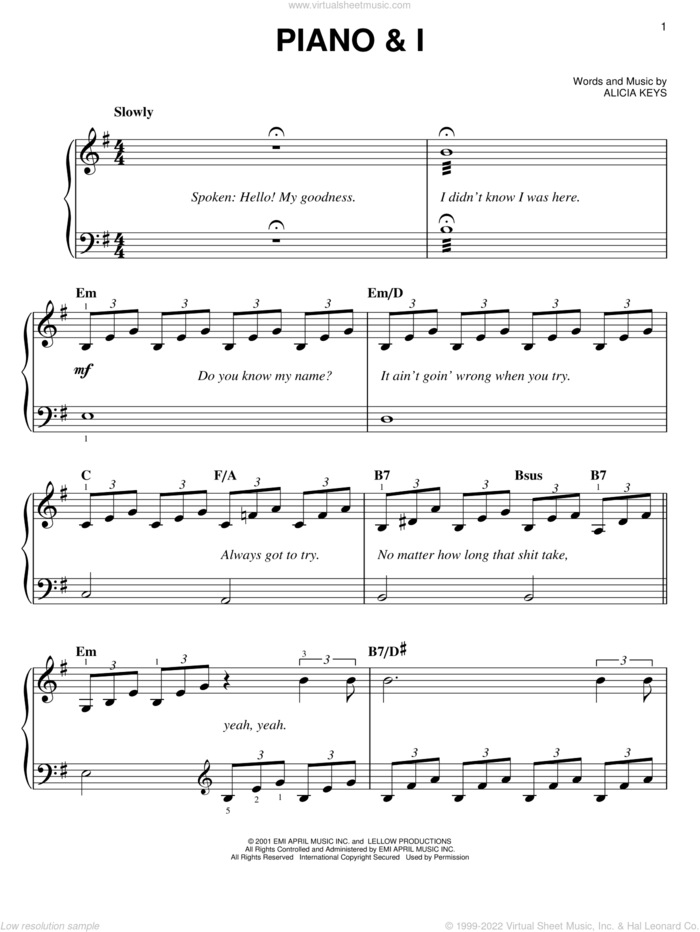 Piano and I sheet music for piano solo by Alicia Keys, easy skill level