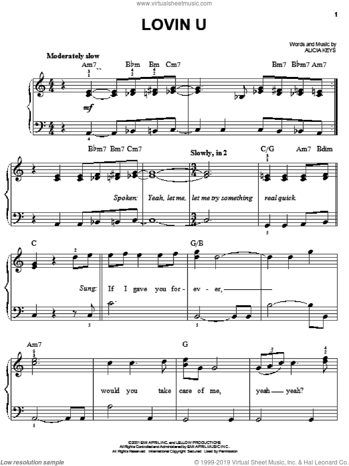 Lovin U sheet music for piano solo by Alicia Keys, easy skill level