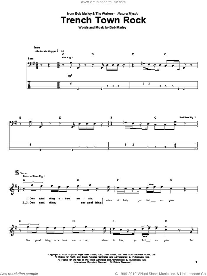 Trench Town Rock sheet music for bass (tablature) (bass guitar) by Bob Marley, intermediate skill level