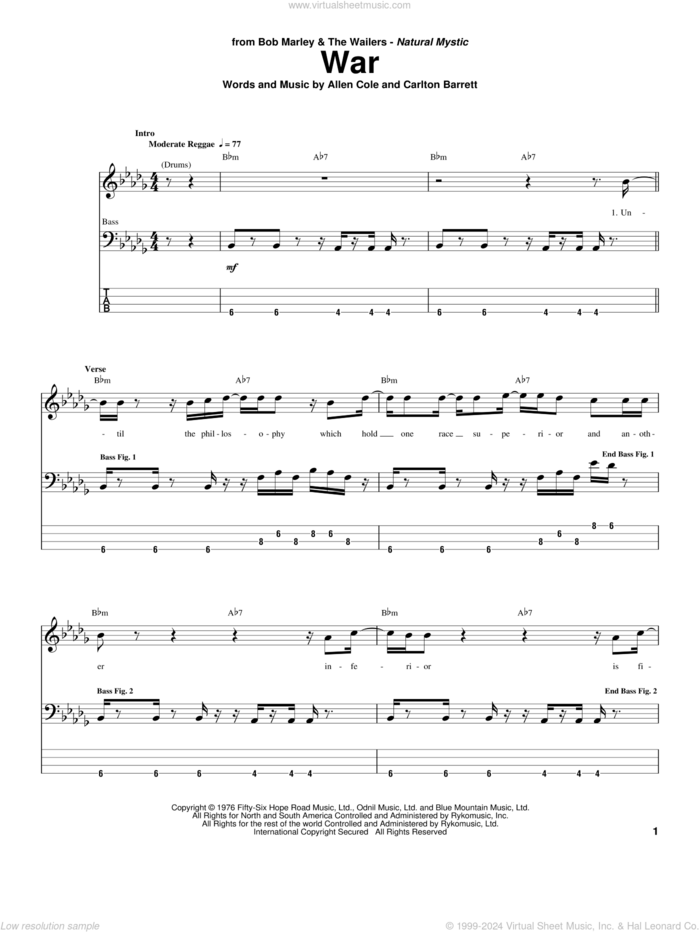 War sheet music for bass (tablature) (bass guitar) by Bob Marley, Bob Marley and The Wailers, Allen Cole and Carlton Barrett, intermediate skill level