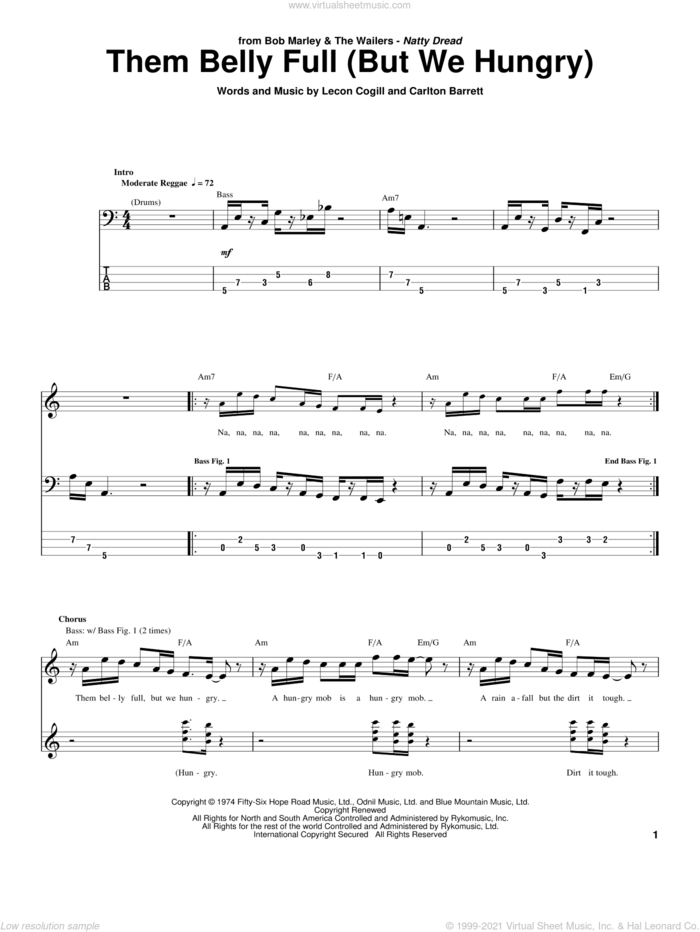 Them Belly Full (But We Hungry) sheet music for bass (tablature) (bass guitar) by Bob Marley, Carlton Barrett and Lecon Cogill, intermediate skill level