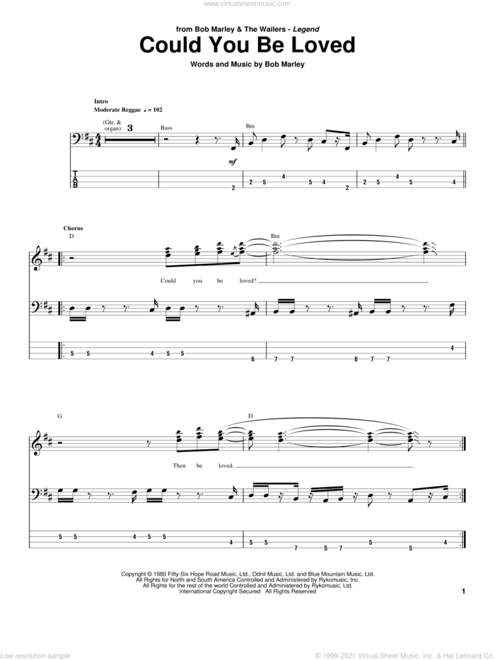 Could You Be Loved sheet music for bass (tablature) (bass guitar) by Bob Marley and Bob Marley and The Wailers, intermediate skill level
