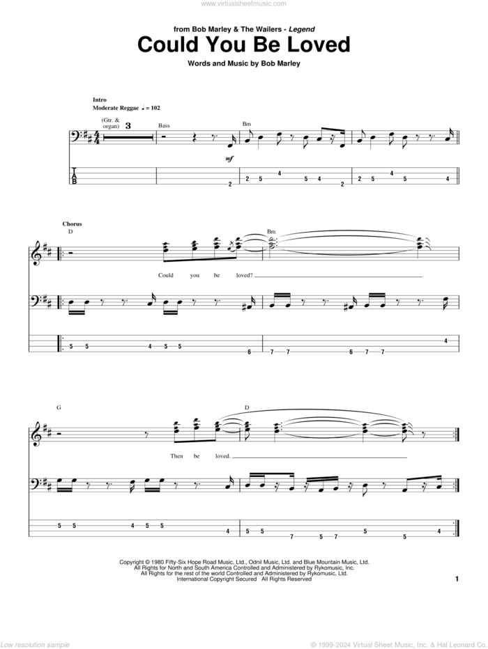 Could You Be Loved sheet music for bass (tablature) (bass guitar) by Bob Marley and Bob Marley and The Wailers, intermediate skill level