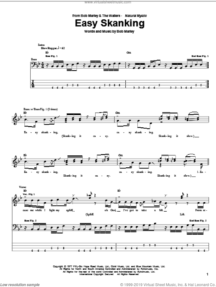 Easy Skanking sheet music for bass (tablature) (bass guitar) by Bob Marley, intermediate skill level