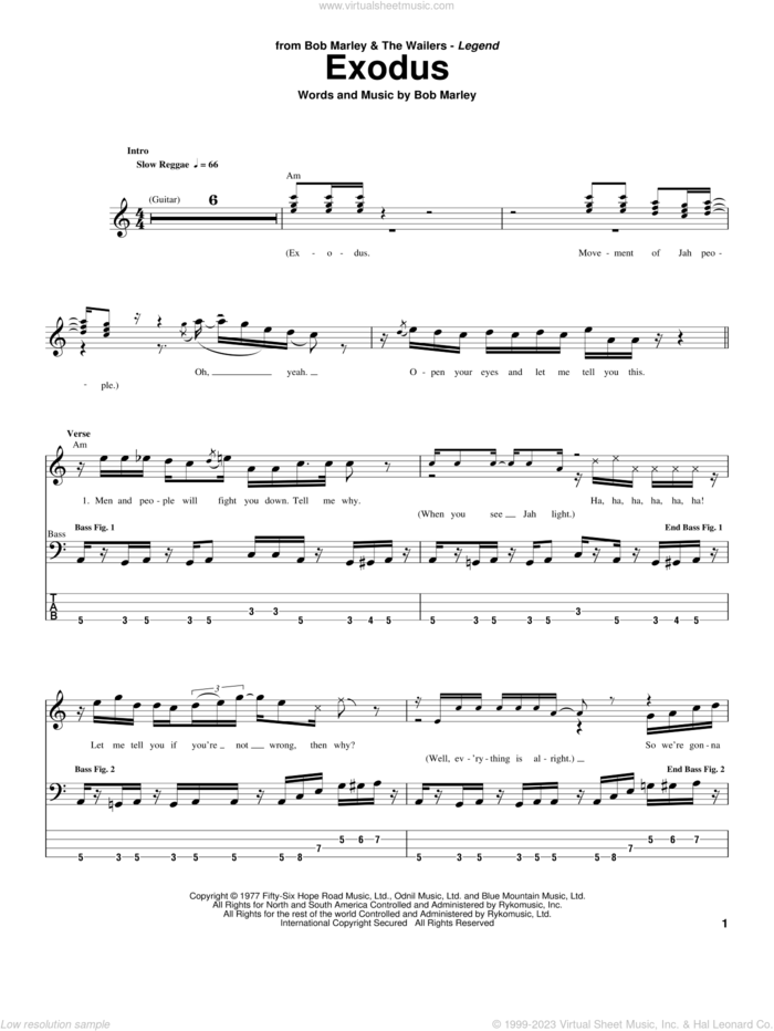 Exodus sheet music for bass (tablature) (bass guitar) by Bob Marley, intermediate skill level