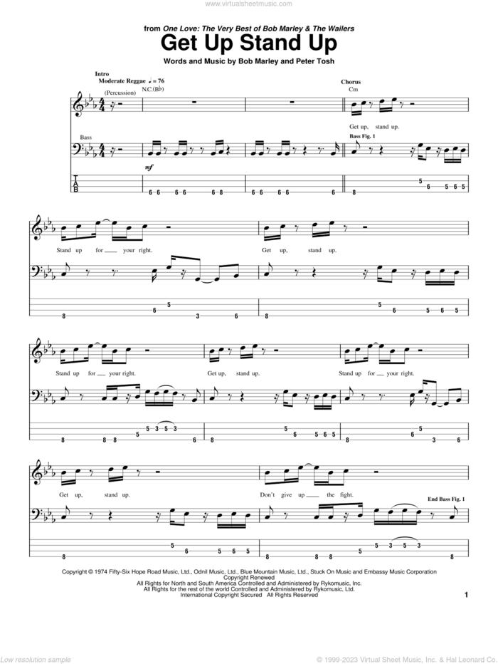 Get Up Stand Up sheet music for bass (tablature) (bass guitar) by Bob Marley and Peter Tosh, intermediate skill level