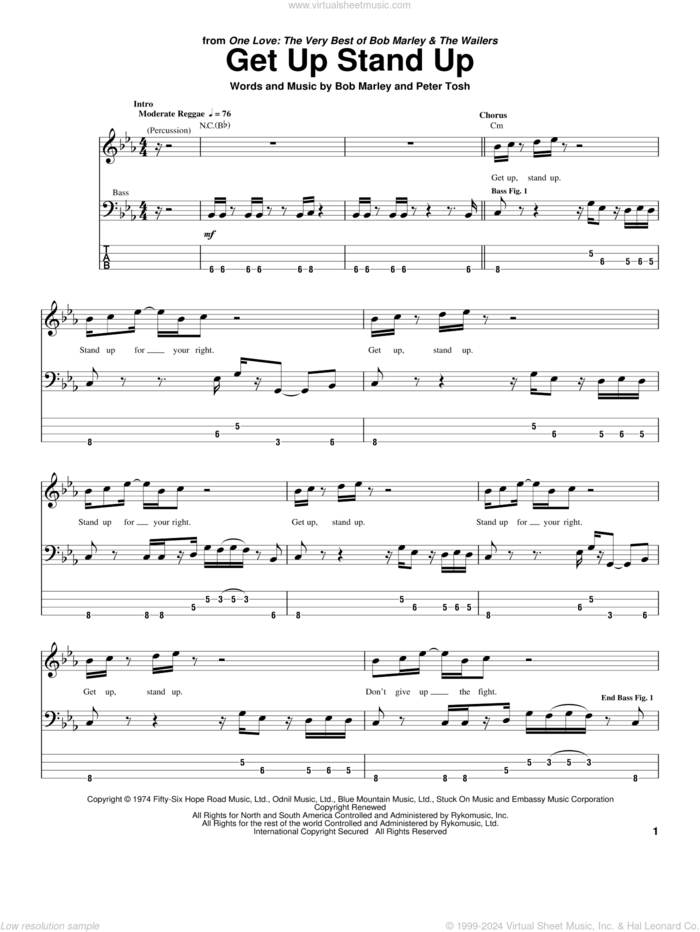 Get Up Stand Up sheet music for bass (tablature) (bass guitar) by Bob Marley and Peter Tosh, intermediate skill level