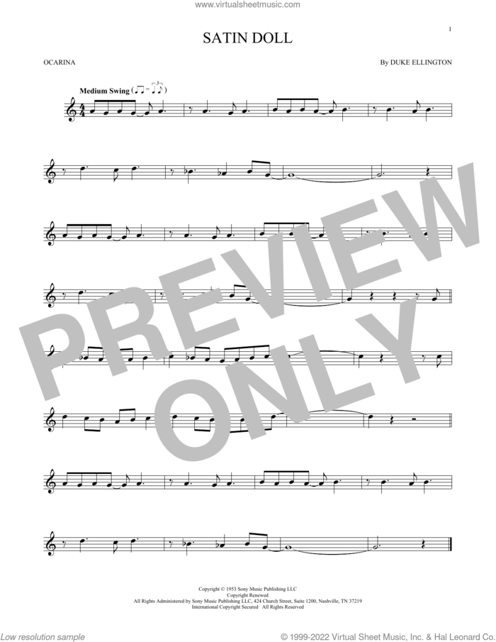 Satin Doll sheet music for ocarina solo by Duke Ellington, Billy Strayhorn and Johnny Mercer, intermediate skill level