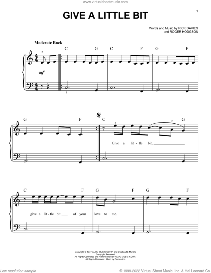 Give A Little Bit, (beginner) sheet music for piano solo by Supertramp, Goo Goo Dolls, Rick Davies and Roger Hodgson, beginner skill level