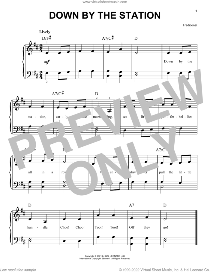 Down By The Station, (beginner) sheet music for piano solo, beginner skill level