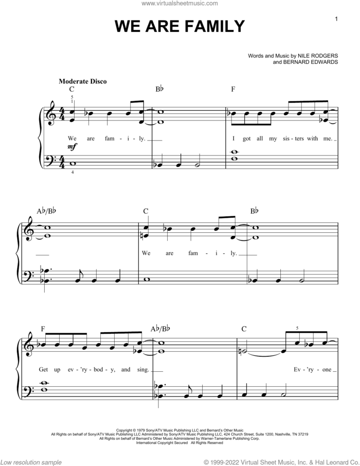 We Are Family, (beginner) sheet music for piano solo by Sister Sledge, Bernard Edwards and Nile Rodgers, beginner skill level