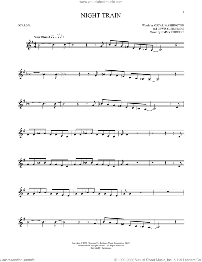 Night Train sheet music for ocarina solo by Jimmy Forrest, Buddy Morrlow, Lewis C. Simpkins and Oscar Washington, intermediate skill level