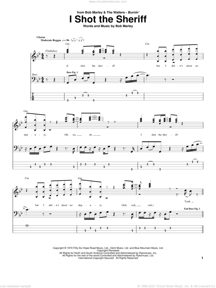 I Shot The Sheriff sheet music for bass (tablature) (bass guitar) by Bob Marley, Eric Clapton and Warren G, intermediate skill level