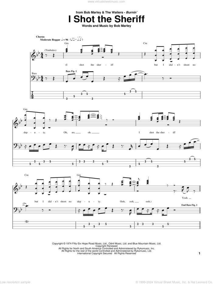 I Shot The Sheriff sheet music for bass (tablature) (bass guitar) by Bob Marley, Eric Clapton and Warren G, intermediate skill level