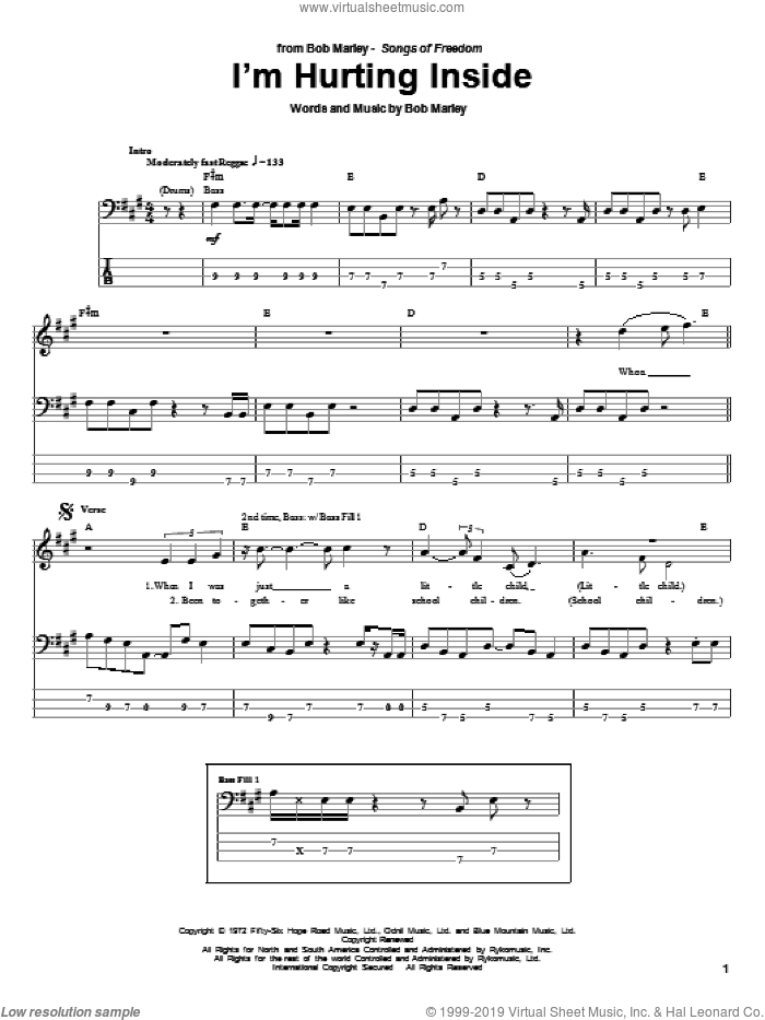 I'm Hurting Inside sheet music for bass (tablature) (bass guitar) by Bob Marley, intermediate skill level