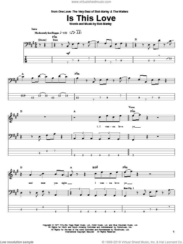 Is This Love sheet music for bass (tablature) (bass guitar) by Bob Marley, intermediate skill level