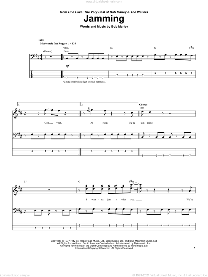 Jamming sheet music for bass (tablature) (bass guitar) by Bob Marley, intermediate skill level