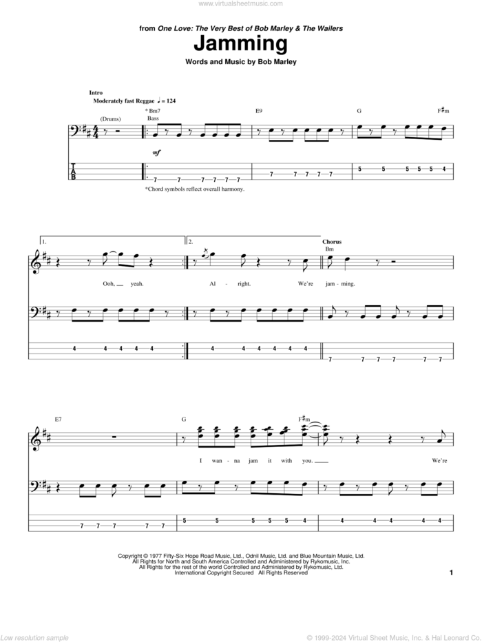 Jamming sheet music for bass (tablature) (bass guitar) by Bob Marley, intermediate skill level