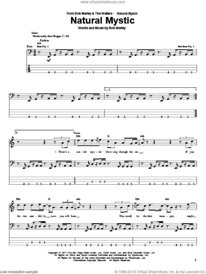 Natural Mystic sheet music for bass (tablature) (bass guitar) by Bob Marley, intermediate skill level